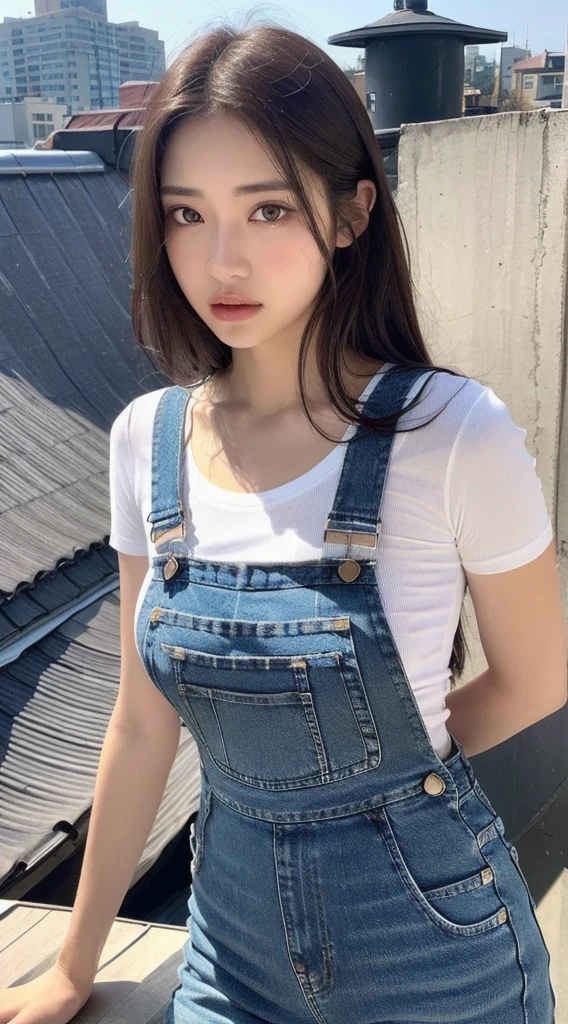 ((midnight, best quality, 8K, masterpiece :1.3)), whole body, Long legs, Clear focus :1.2, Beautiful woman with perfect body :1.4, Slim abdominal muscles :1.1, ((Dark brown hair, 巨Large Breasts :1.2)), (White open-chested tight T-shirt, Overalls Jeans, permanent:1.2), ((City night scene, roof:1.3)), Highly detailed face and skin textures, Delicate eyes, Double eyelids,Large Breasts,Watch exposed breasts,