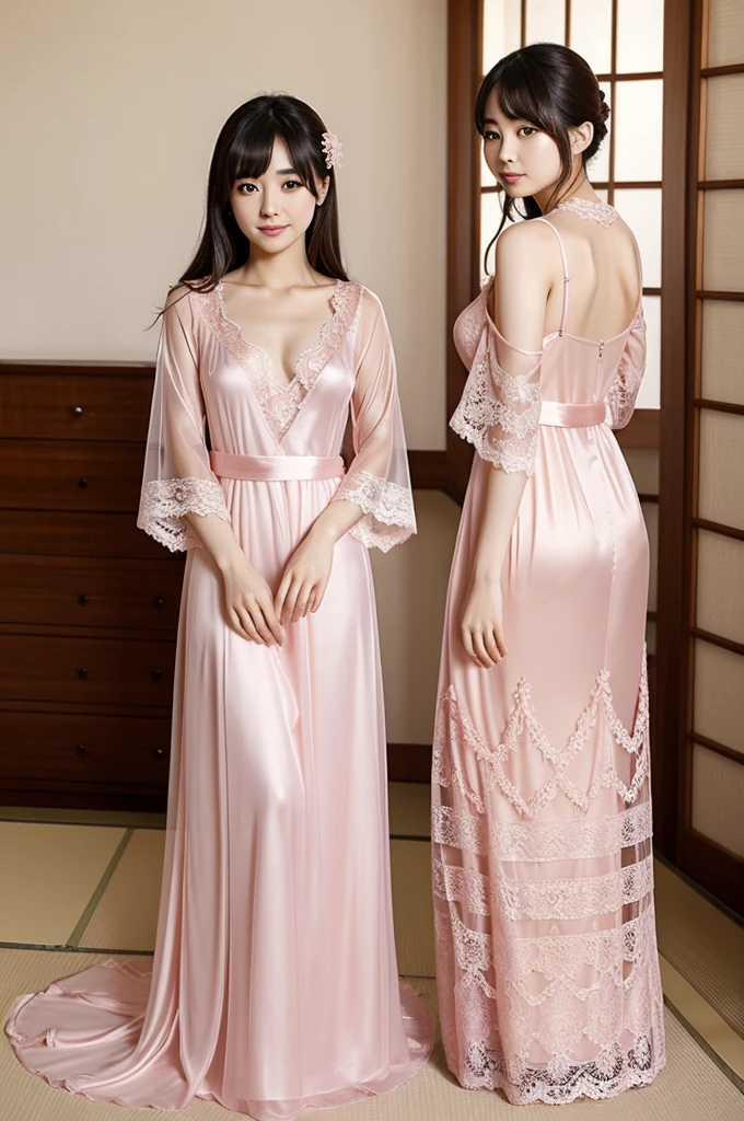 Japanese actress Hashimoto Kanna-
Sexy transparent pale pink silk lace nightgown