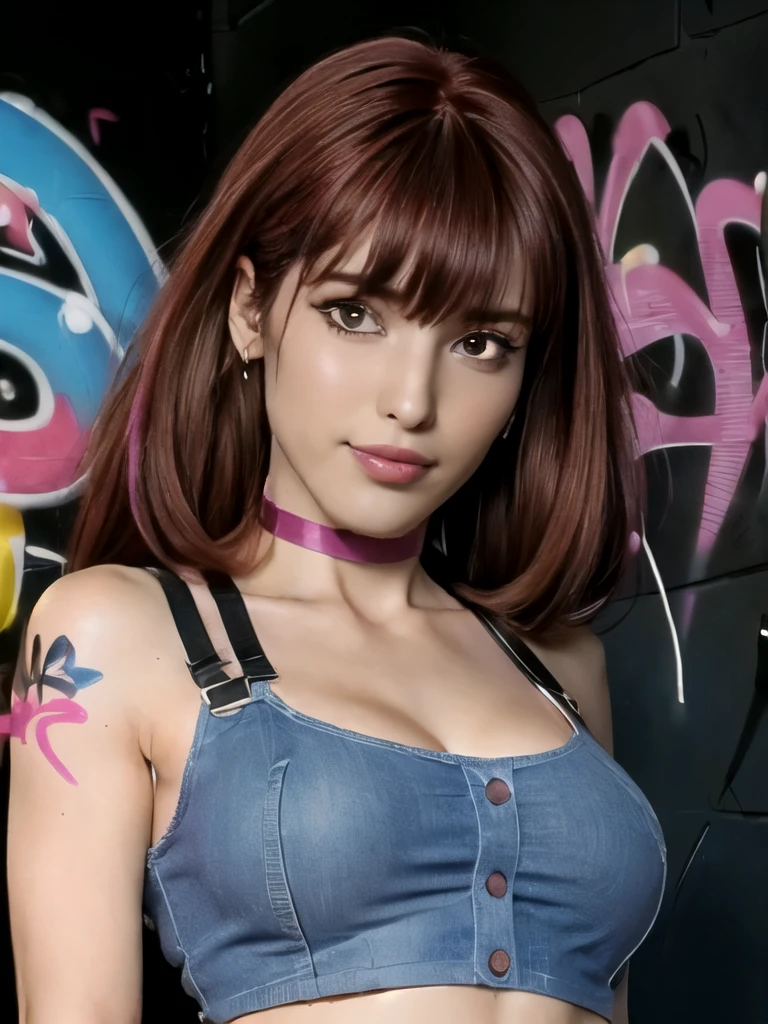 photo of Meowko, RAW, beautiful woman, ((portrait)), ((detailed face:1.2)), ((detailed facial feature, detailed skin, glossy lips, shiny luscious lips, clear skin), (long candy red hair, straight hair, bangs, Candy fuchsia hair, bright pink hair: 1.55), (slender body, narrow waist, narrow hips, skinny body, huge breasts), revealing clothes, (wearing crop top, denim shorts, choker: 1.4), (graffiti:1.5), (realistic photo, best quality, detailed), (8k wallpaper), (cinematic lighting, beautiful light, (day:1.3)) (sharp focus, intricate)
