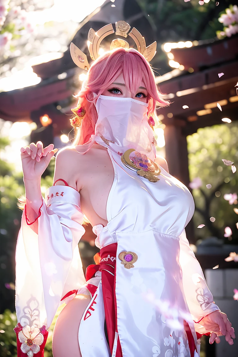 (Extreme Detail CG Unity 8K wallpaper, masterpiece, highest quality), (ulzzang-6500-v1.1:0.4) 1girl, kpop idol, yae miko, detached sleeves, pink hair, long hair, best quality, (photorealistic:1.2), (hair ornament:1.35), jewelry, fox ears, wearing face veil, (white face veil, silk mask veil:1.2), purple eyes, earrings, (very huge round breasts, big breasts: 1.2), torii, cherry blossoms, lantern light, depth of field, detailed face, face focus, (looking at viewer:1.25), shiny skin, long sleeves, cowboy shot, dynamic pose, (perfect proportions, elegant posture, sexypose:1.3), game cg, thigh highs, east asian architecture, blurry background, full body, focused expression, outdoor shrine setting, fantasy style,