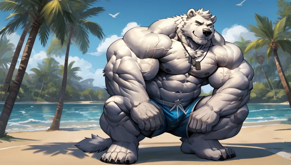  One tall Polar Bear with big muscular body in a huge white fur shirtless and topless with light blue shorts and a dog tag on his neck, veiny, leg squatting over 1000lbs