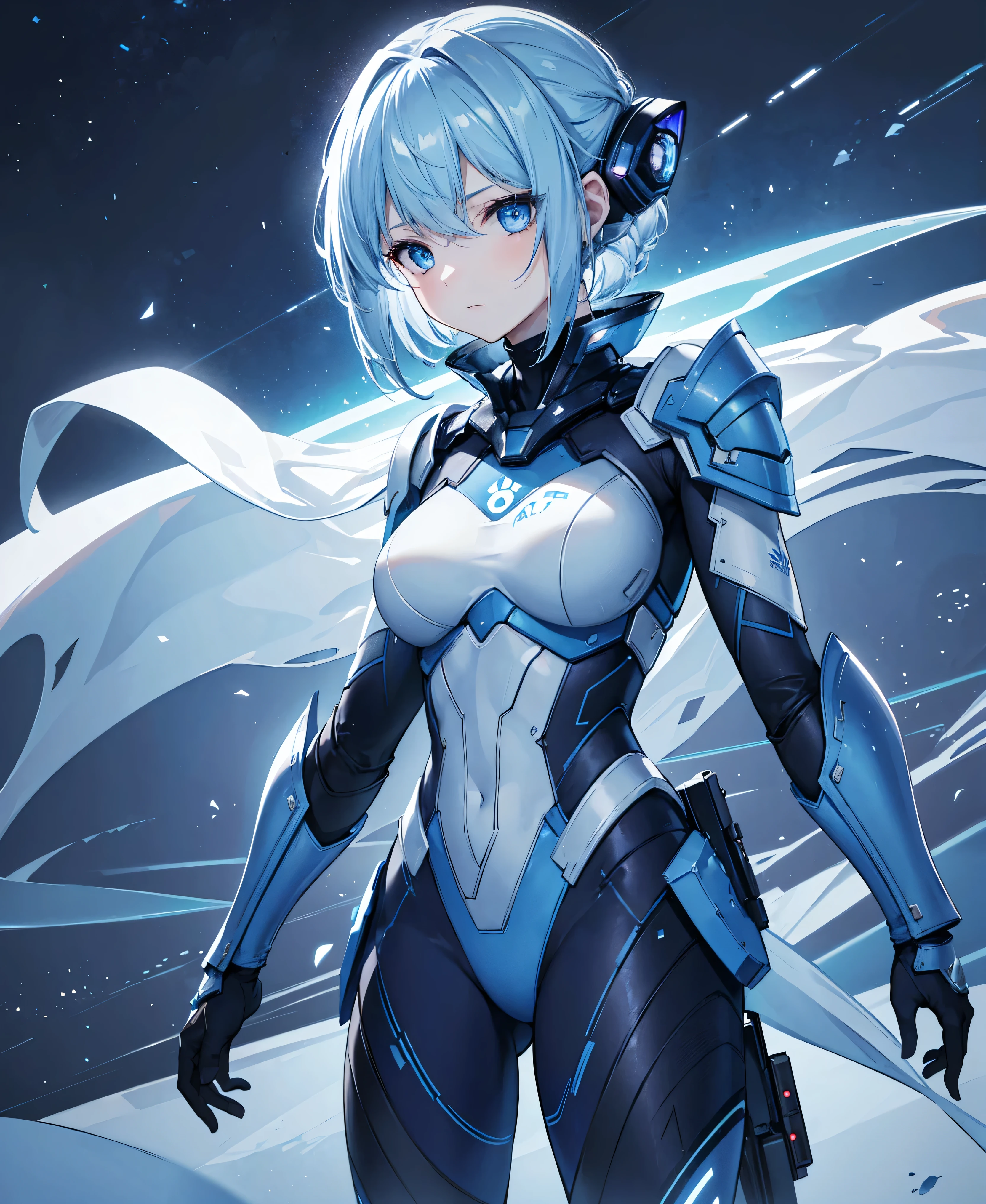 8K, Highest quality, (real:1.4), Original photo, 1 girl, Asari Hair, Biological Amplifier, refined armor, posture: Peace talks between warring factions, smart blue eyes