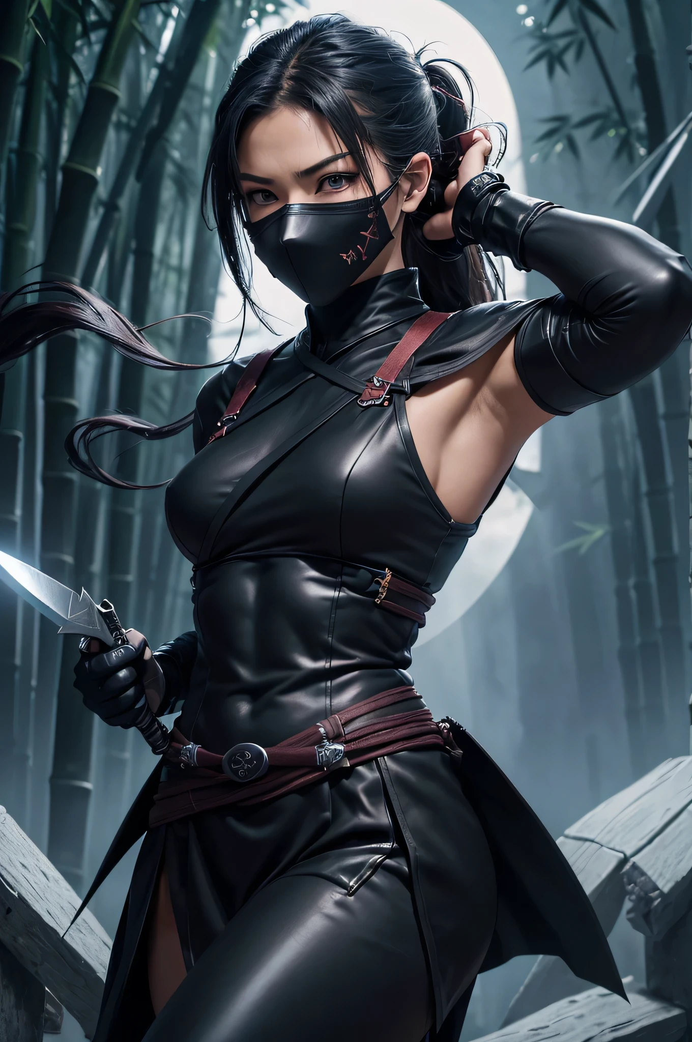 8K,Fantasia、Female ninja、complete ninja outfit、(Tight ninja clothes)、tight black skirt(ultra precise detailed)(Exposure of ninja clothes) (Masked Face)、leather straps
(Quick movement)、(stealth)、(mystical)、(arma)、(knifes)、(shuriken)、(daggers)、(short knife)、(shuriken)、(Graceful pose)、(dusk setting)、(Moonlit sky)、(Enchanting shadowagical aura))、(daring acrobatics)、(ninja star)、(Quiet footsteps)、(Highly skilled)、(dedicated warrior)、(invisible assassin)、(ninja headquarters)、(hidden passage)、(bamboo forrest)、(intricate-detail)、(secret glance)、
(impressive crimson eyes)、(Intense focus)、(epic battle scene)、(Mystical powers)、(rippling muscles)、(Fierce determination)、(Warrior spirit)、(exhilarating action、(top-quality、ultra-detailliert、hight resolution、physically-based renderingt:1.2)、(immersive lighting)、(vivd colour)、(Dynamic composition)、(masterpiece)。Fantasyart、Female ninja、complete ninja outfit、(tight ninja uniform)、The is a uniform、arma、lush bamboo forest,