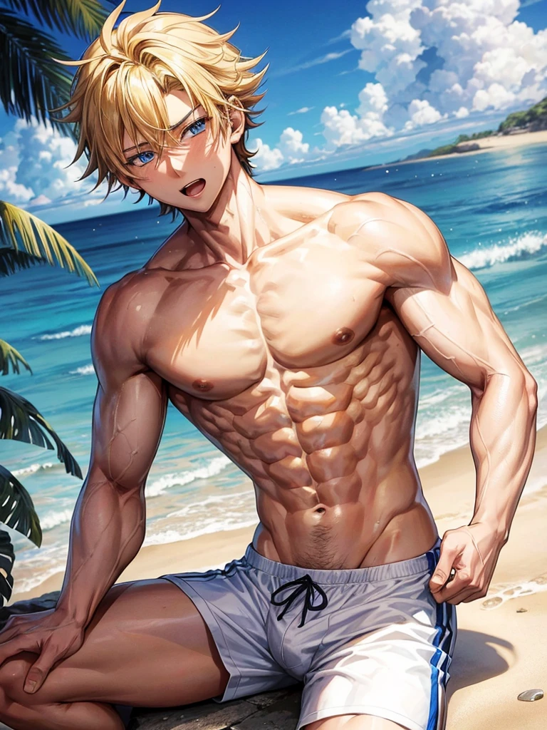 Anime guy about , shirtless, with blue eyes and yellow hair, muscular, 6 pack abs, with white shorts, on the beach, tired