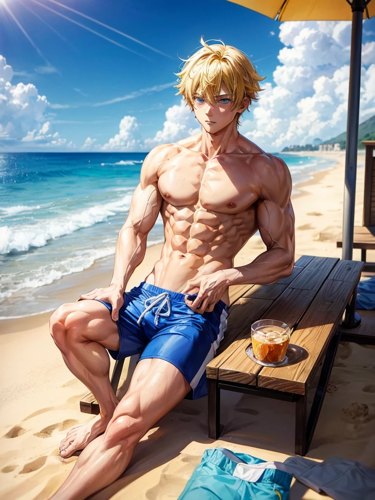 Anime guy about 15, shirtless, with blue eyes and yellow hair, muscular, 6 pack abs, with white shorts, on the beach, tired