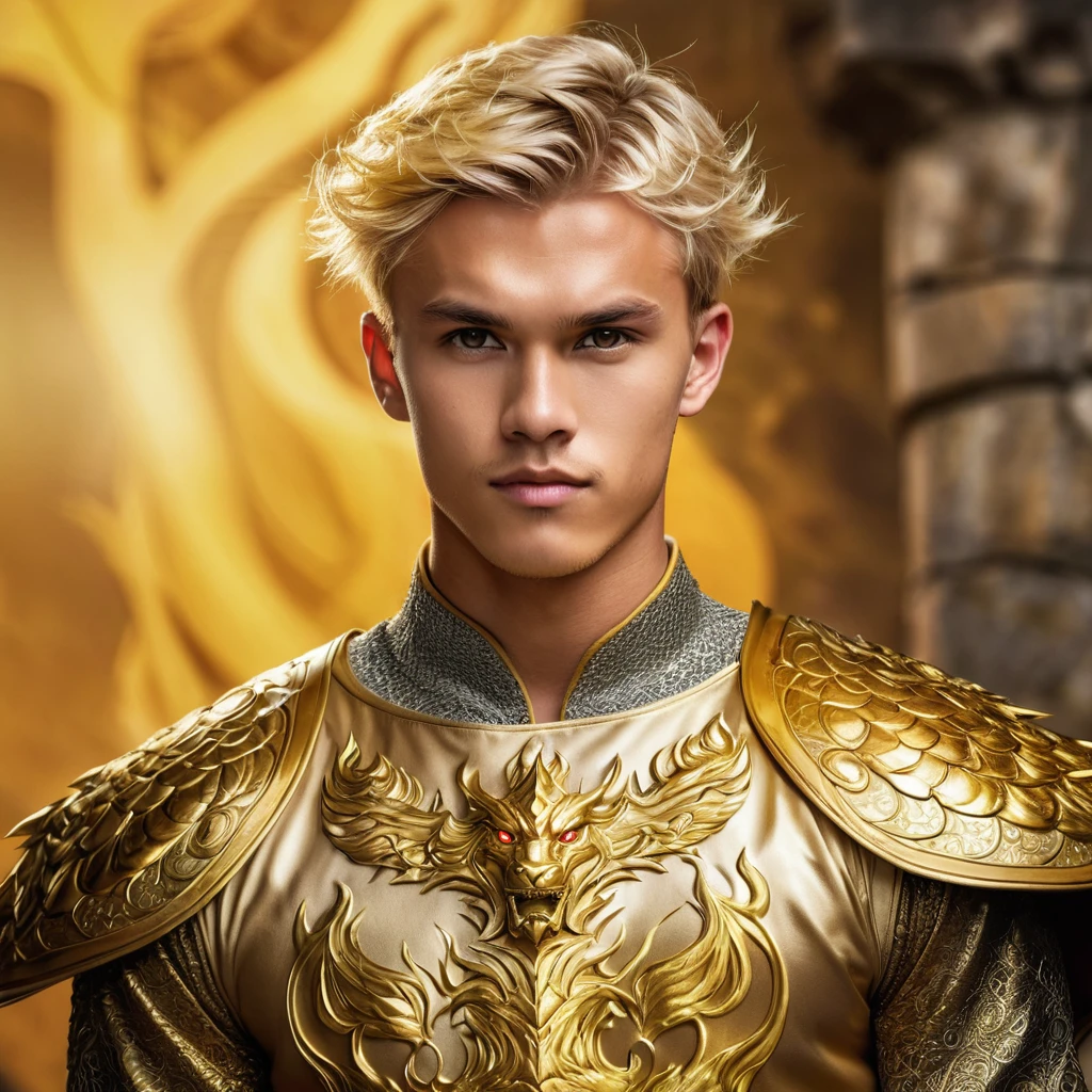 create man, 22 years old, viking, short yellow golden hair, golden eyes, tanned skin, golden prince clothes, golden dragon background, handsome, broad shoulders, hdr, hd, 8k, 4k