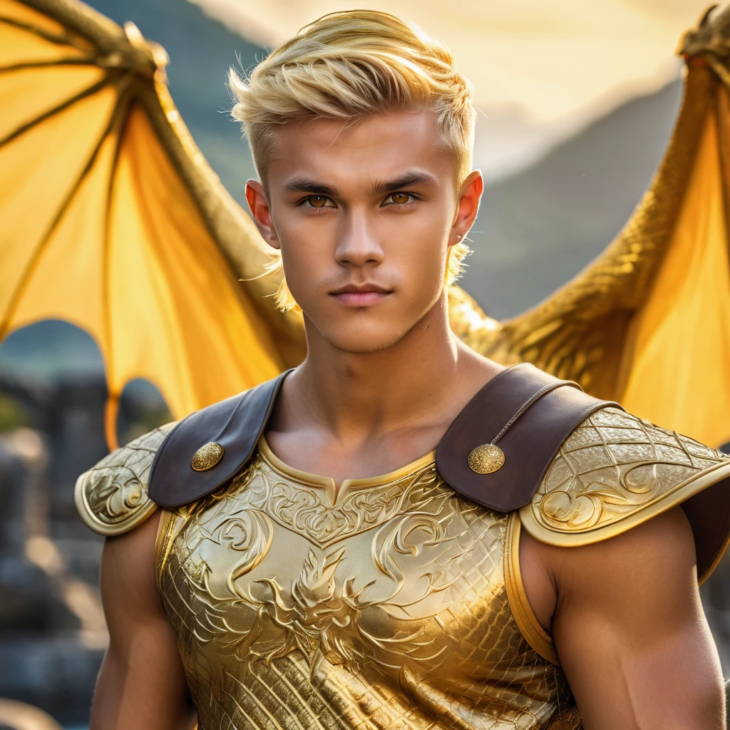 create man, 22 years old, viking, short yellow golden hair, golden eyes, tanned skin, golden prince clothes, golden dragon background, handsome, broad shoulders, hdr, hd, 8k, 4k