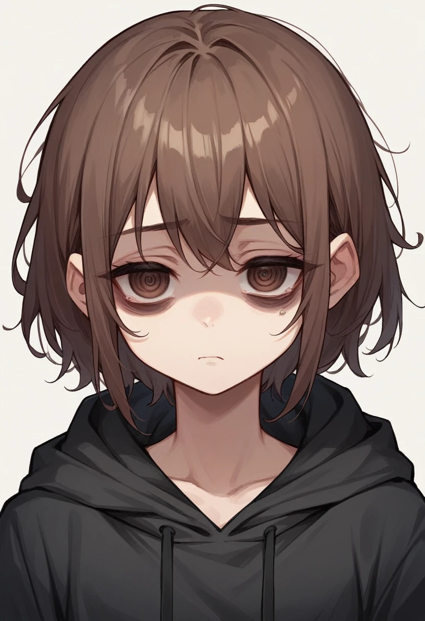 1girl, brown hair, brown eyes, black hoodie, dark circles under eyes, tired expression