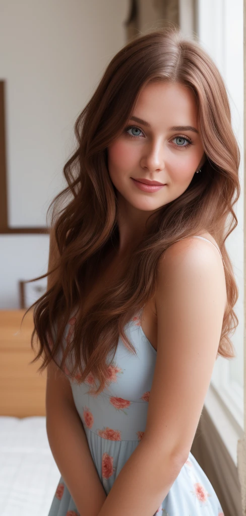 Russian woman, Intimate, face blush, red blushy cheeks, long wavy hair, feeling excited, beautiful thighs, in love, wearing summer mini dress