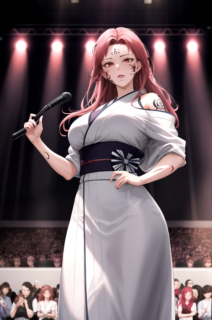 8K,highres,absurdres,masterpiece,best quality,original,extremely detailed CG,extremely detailed wallpaper,perfect lighting,1girl,blurry_background,looking_at_viewer,standing on the stage,
SukunaFem,long hair, long pink hair,red eyes,tattoo,large breasts,facial marks,white short kimono,