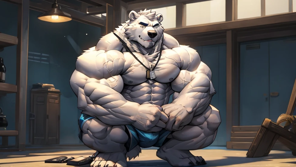  One tall Polar Bear with big muscular body in a huge white fur shirtless and  with light blue shorts and a dog tag on his neck, veiny, squatting over 1000lbs
