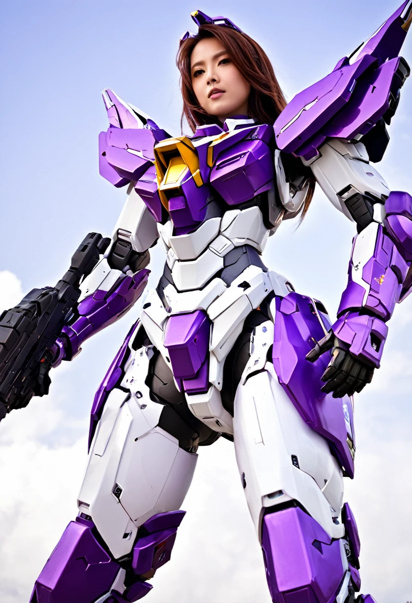 RAW, Masterpiece, Ultra Fine Photo,, Best Quality, Ultra High Resolution, Photorealistic, Sunlight, Full Body Portrait, Stunningly Beautiful,, Dynamic Poses, Delicate Face, Vibrant Eyes, a full body of a woman in a purple and white gundam custume, dybamic pose, long brown very very long hair rapunzel, girl in mecha cyber armor, portrait armored astronaut girl, d. va from overwatch, female mecha, on a gundam, gundam head, chiho aoshima color scheme, mobile suit, streamlined purple armor, fully robotic!! girl, realistic cosplay, gundam armor , full body, sit down, full body, sedang menggunakan headset virtual reality (VR) dan memegang pengendali, sementara ada drone di latar belakang. Sit down