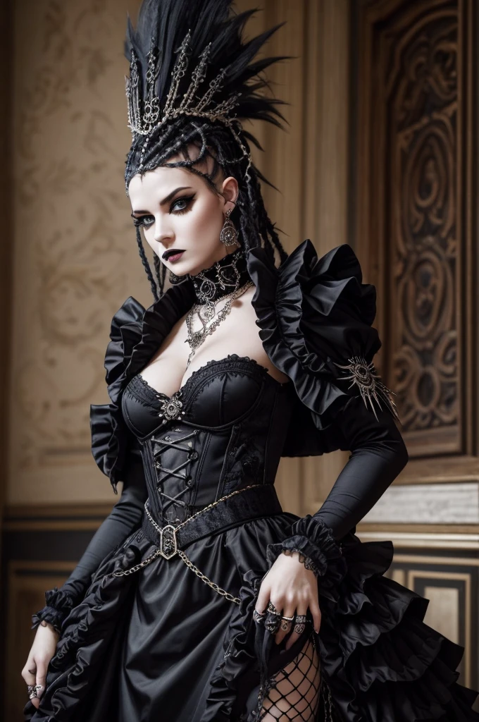 un baroque tardif, rococo regel craintif intimidant sauvage traditionnel corps entier reine femme rasée skinpunk goth, emo goth Spikey fashion shoot style éditorial, Mode ultra rapide Hypebeast avec accessoires goth emo dans un cadre photo doré