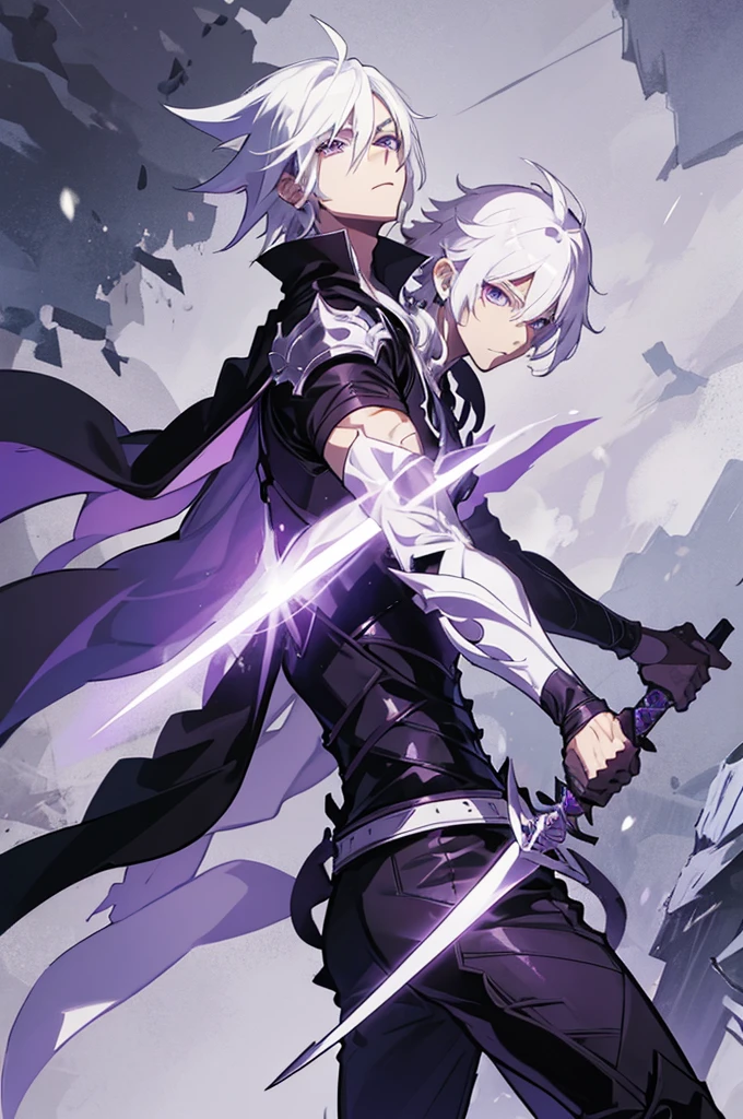 A 25 years old anime man with white hair, holding two Daggers, Wearing a dark and purple Armor