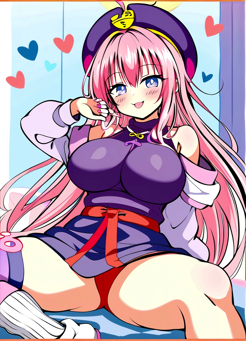 To Love-Ru、Purple off-the-shoulder mini skirt dress、Pink Hair、Big Breasts、White pants、Light purple loose socks、Provocative look、Raw thighs
