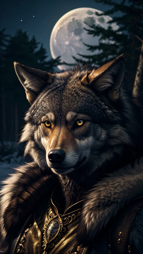 a wolf hauling, full moon night, gold color eyes, detailed fur, detailed face, highly detailed, cinematic lighting, fantasy, dramatic, hyper realistic, 8k, extremely detailed, photorealistic, masterpiece
