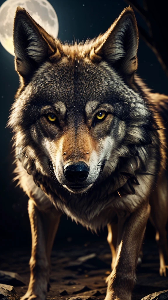 a wolf hauling, full moon night, gold color eyes, detailed fur, detailed face, highly detailed, cinematic lighting, fantasy, dramatic, hyper realistic, 8k, extremely detailed, photorealistic, masterpiece
