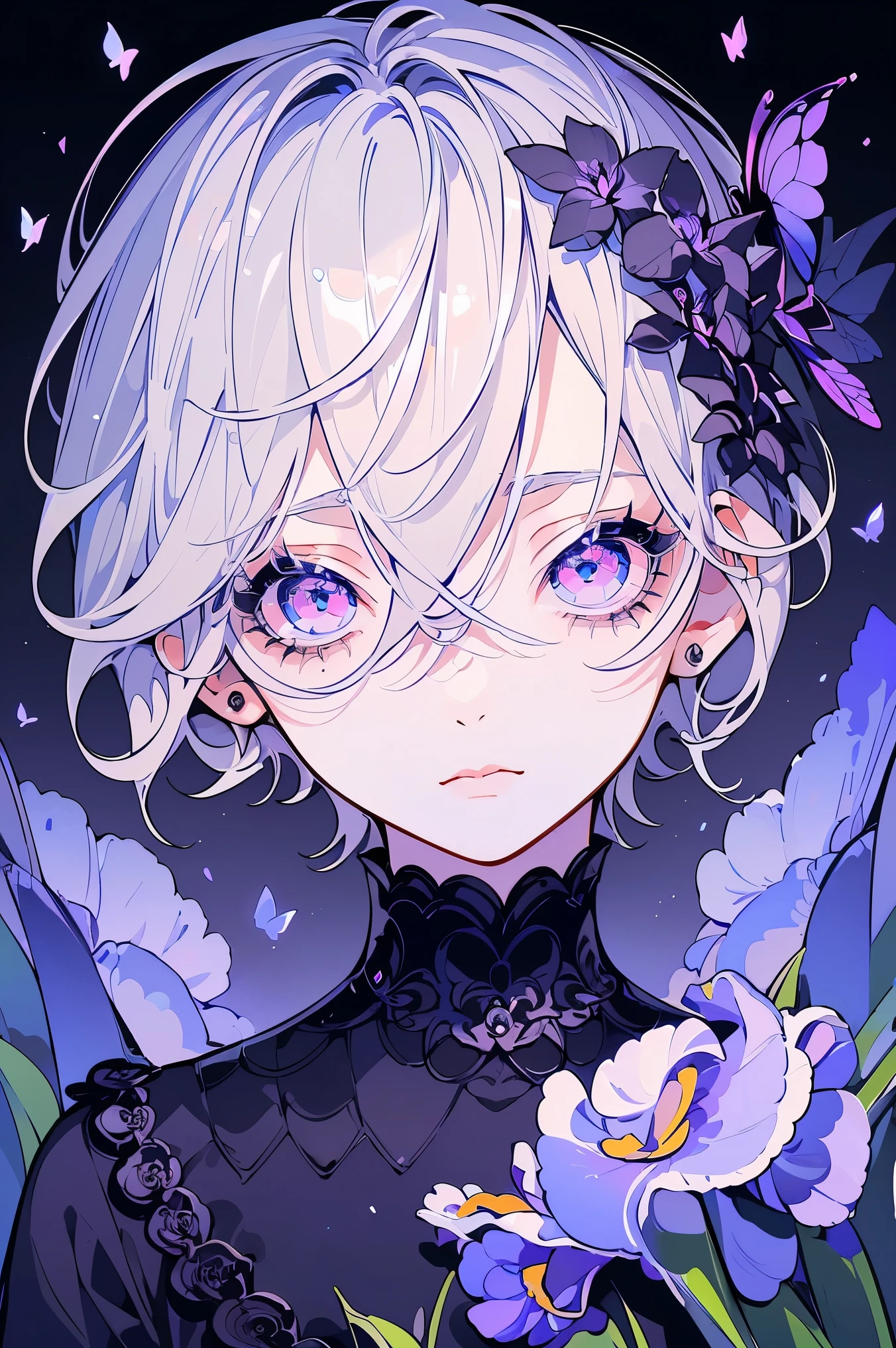 (Mastepiece), (Best Quality), Very detailed, 1 boy, Solo Shooting, Perfect Face, Beautiful Face, Very detailedな顔，(Gray Hair:1.3)，(short hair:1.4)、(Big eyes:1.4)，(Long eyelashes:1.4)、(Iris:1.3)、Lots of flowers、petal、butterfly々、Monochrome