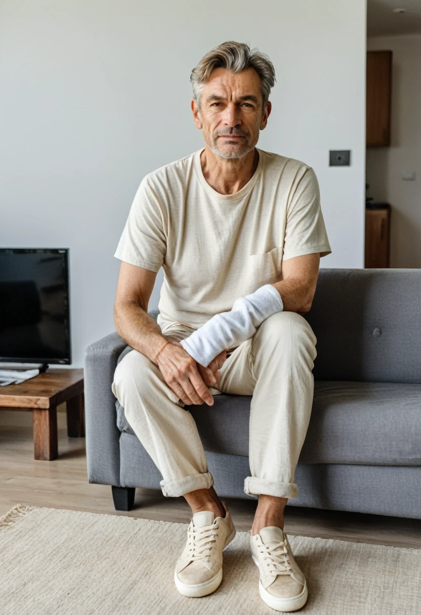 RAW photo, full body, 55-year-old man, wrinkles, casual t-shirt, sitting on the guest sofa, looking at the viewer, wearing cream shoes, straight forward position, in front of the viewpoint,