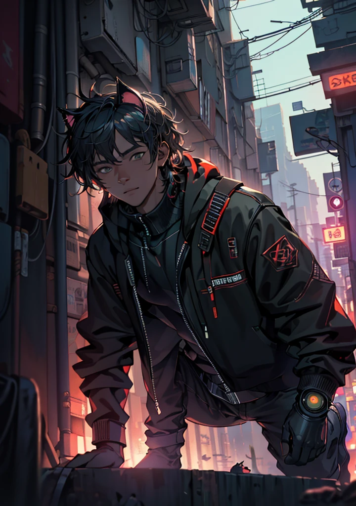 ultra detail, high resolution, ultra detailed, best quality, amazing, top quality, extremely detailed CG unity 8k wallpaper, cinematic lighting, cat fanboy, cyberpunk, dark boy