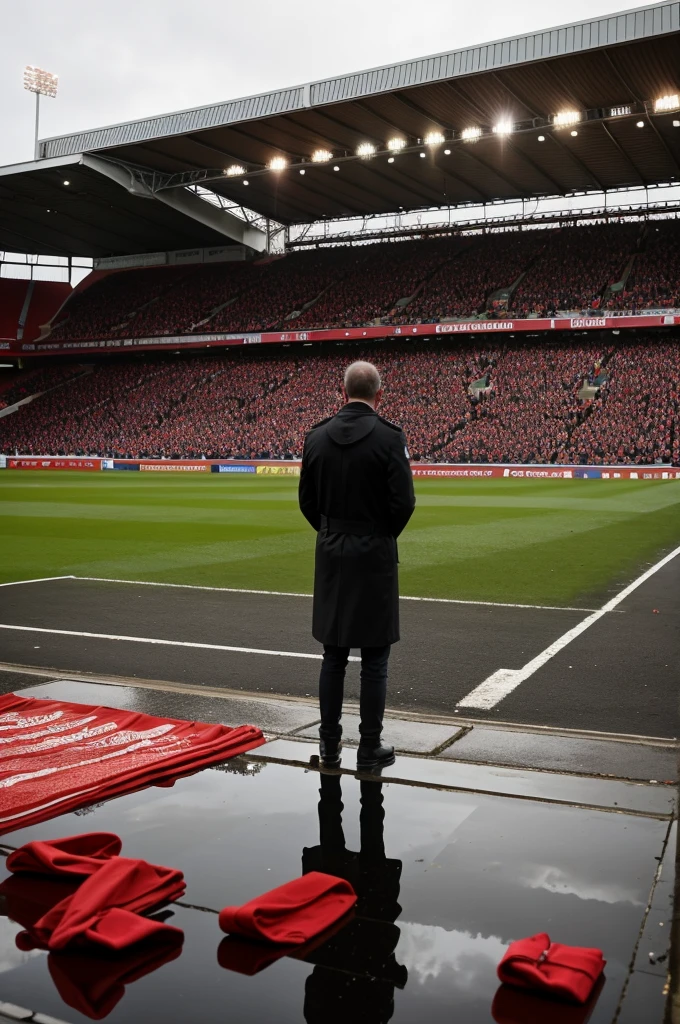 standing in solemn reflection, wearing black armbands, set in 1980s, Anfield stadium, grieving silently.