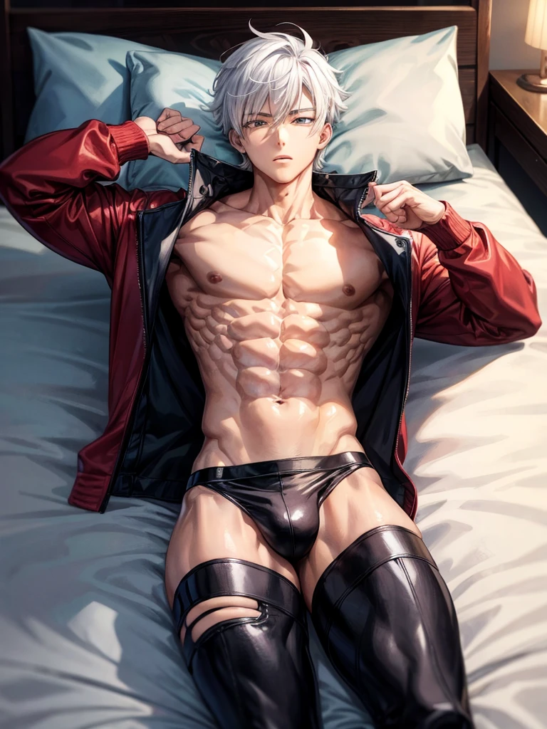 Anime guy about  without outerwear. Muscular with 6-pack abs and back. With white hair. Lying on the bed. 