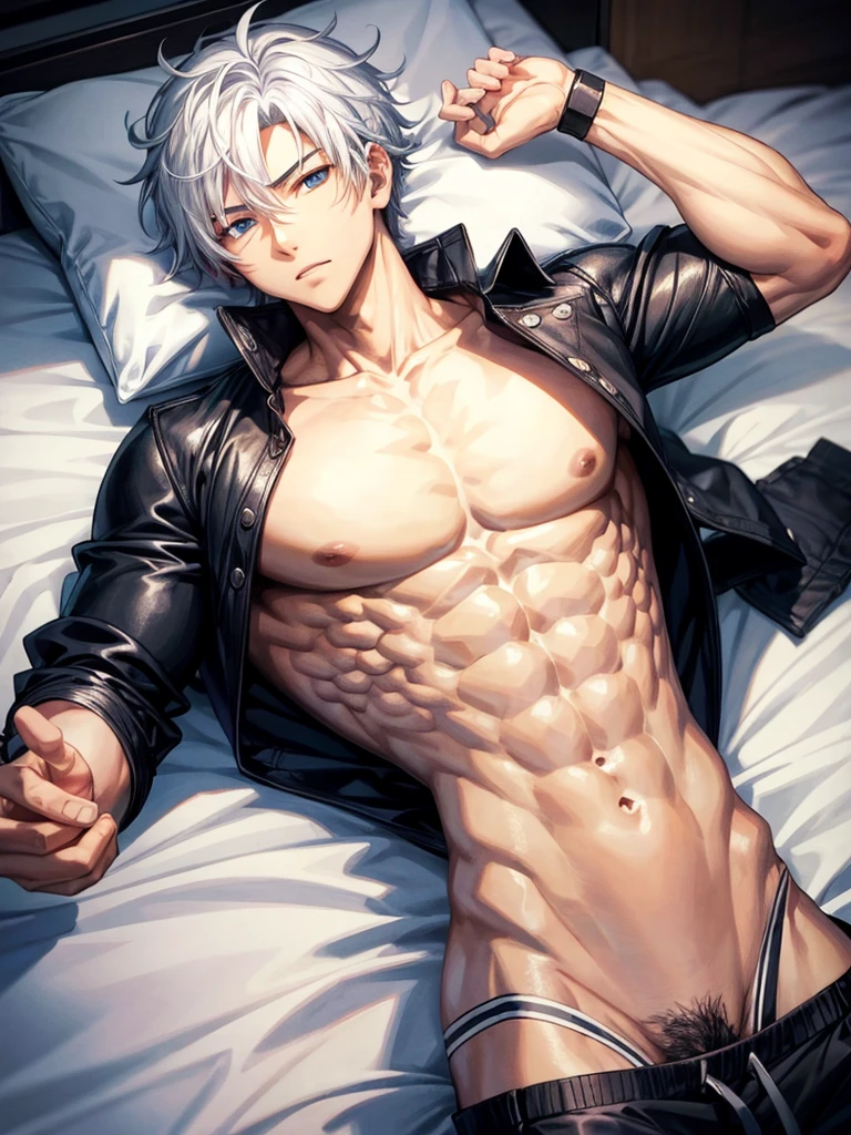 Anime guy about  without outerwear. Muscular with 6-pack abs and back. With white hair. Lying on the bed. 