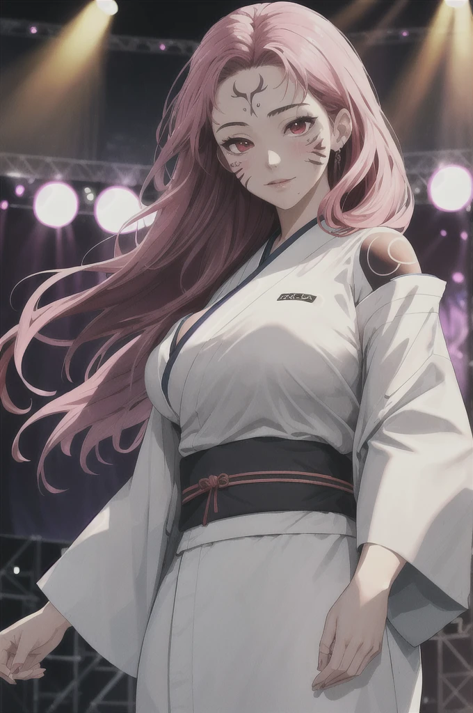 8K,highres,absurdres,masterpiece,best quality,original,extremely detailed CG,extremely detailed wallpaper,perfect lighting,1girl,blurry_background,looking_at_viewer,standing on the stage,
SukunaFem,long hair,pink hair,red eyes,tattoo,large breasts,facial marks,white short kimono,