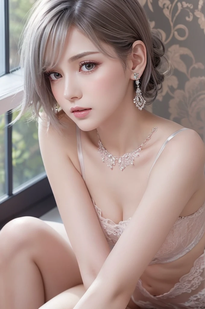 pink lace thong&Good, (((Very elegant and beautiful, Perfect detail, Super detailed))), whole body, The most detailed girl, Depth of written boundary, 美しく詳細なwhole body, Thin legs, 1 girl, 30 years old, Very short hair, Spiked Hair, Gray and silver hair, Beautiful detailed hair, Perfect Face, Expressionless, Beautifully detailed deep eyes, Open your mouth a little, Delicate arms and hands, Pale skin, Earrings, Beautiful and gorgeous necklace, Colorful background, HD background, Blurred Background, Very delicate and beautiful, Masterpiece, (((Highest quality, Very beautiful 8K CG wallpaper))), (((Trendy hairstyles))), (Inside the room,Stylish interior,window),