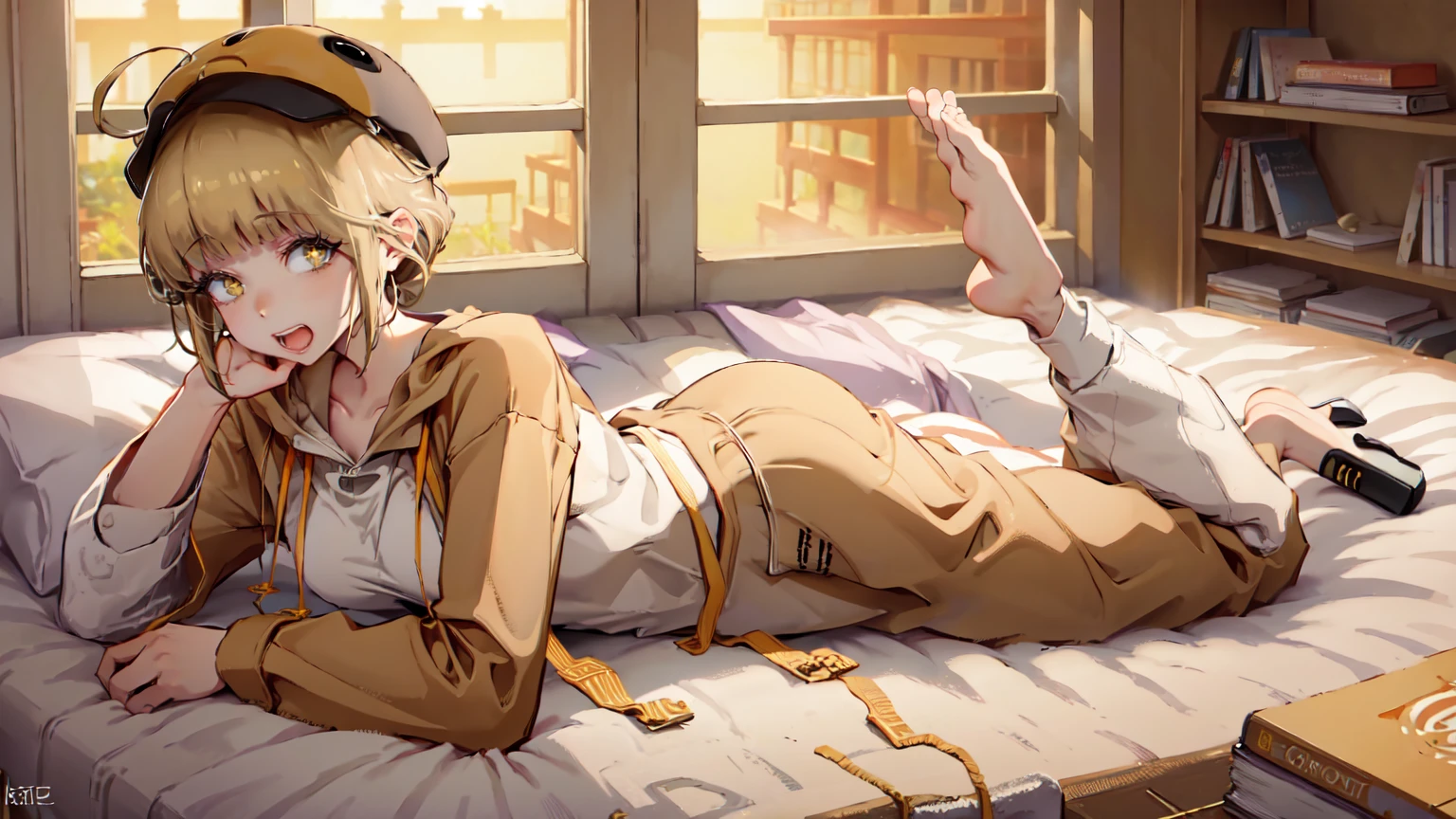 (masterpiece), short hair, brown hair, golden eyes, smile, pajamas, ahoge, open mouth, barefoot, pillow, black hair, on stomach, short hair, bed, lying, book, onesie