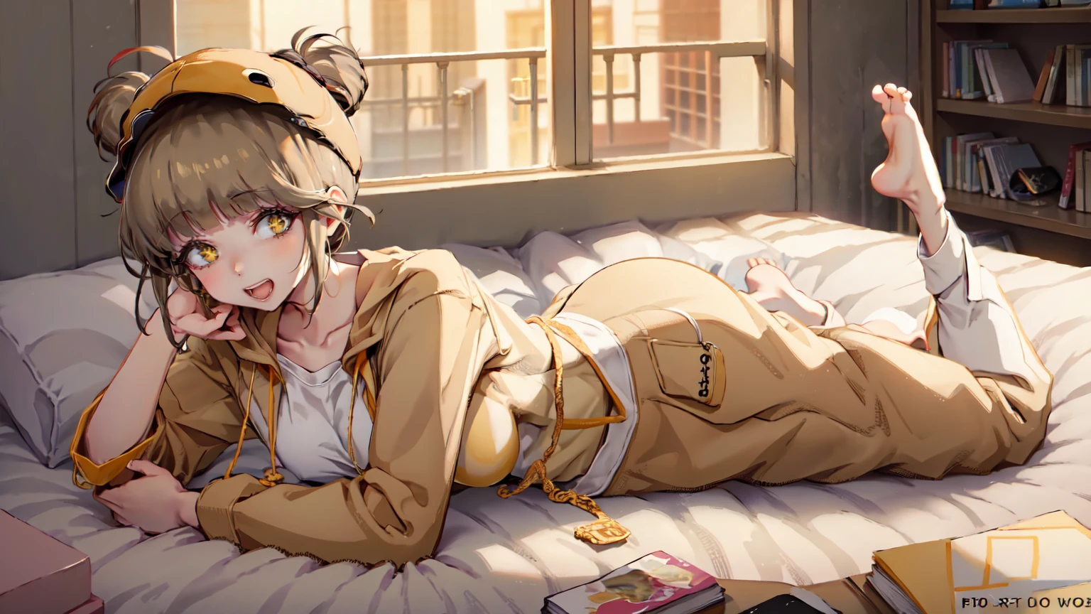 (masterpiece), short hair, brown hair, golden eyes, smile, pajamas, ahoge, open mouth, barefoot, pillow, black hair, on stomach, short hair, bed, lying, book, onesie