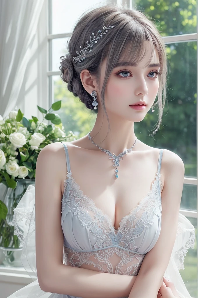 blue lace thong&Good, (((Very elegant and beautiful, Perfect detail, Super detailed))), whole body, The most detailed girl, Depth of written boundary, 美しく詳細なwhole body, Thin legs, 1 girl, 30 years old, Very short hair, Spiked Hair, Gray and silver hair, Beautiful detailed hair, Perfect Face, Expressionless, Beautifully detailed deep eyes, Open your mouth a little, Delicate arms and hands, Pale skin, Earrings, Beautiful and gorgeous necklace, Colorful background, HD background, Blurred Background, Very delicate and beautiful, Masterpiece, (((Highest quality, Very beautiful 8K CG wallpaper))), (((Trendy hairstyles))), (Inside the room,Stylish interior,window),