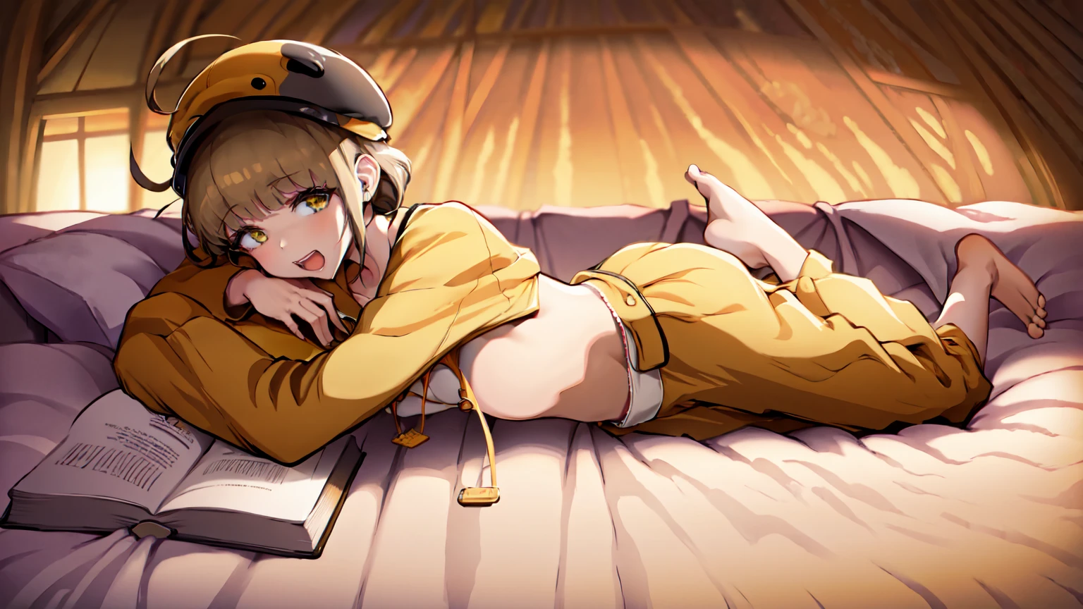 (masterpiece), short hair, brown hair, golden eyes, smile, pajamas, ahoge, open mouth, barefoot, pillow, black hair, on stomach, short hair, bed, lying, book, onesie