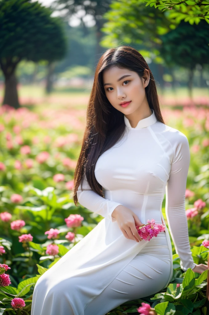 big breasts, round breasts, wearing bra inside ao dai, slim figure, beautiful figure, big breasts, ponytail, sharp 8k quality photo, ((beautiful, sharp, balanced face details) for )), ((beautiful breasts, exposed cleavage, plump body), ((beautiful sparkling eyes, sharp eye details, beautiful face)), sitting in the middle of a ripe rice field, ((super beautiful body with high details , tight body, big chest, slim waist))