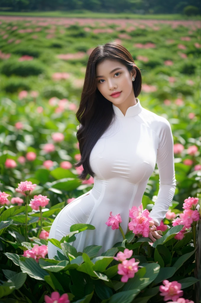 big breasts, round breasts, wearing bra inside ao dai, slim figure, beautiful figure, big breasts, ponytail, sharp 8k quality photo, ((beautiful, sharp, balanced face details) for )), ((beautiful breasts, exposed cleavage, plump body), ((beautiful sparkling eyes, sharp eye details, beautiful face)), sitting in the middle of a ripe rice field, ((super beautiful body with high details , tight body, big chest, slim waist))
