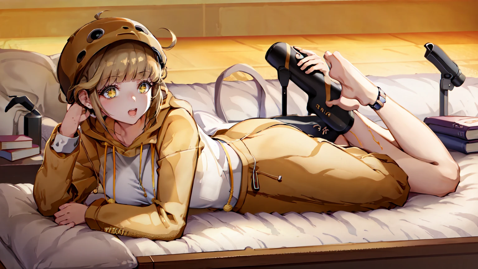 (masterpiece), short hair, brown hair, golden eyes, smile, pajamas, ahoge, open mouth, barefoot, pillow, black hair, on stomach, short hair, bed, lying, book, onesie