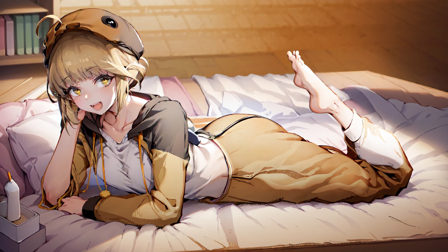 (masterpiece), short hair, brown hair, golden eyes, smile, pajamas, ahoge, open mouth, barefoot, pillow, black hair, on stomach, short hair, bed, lying, book, onesie