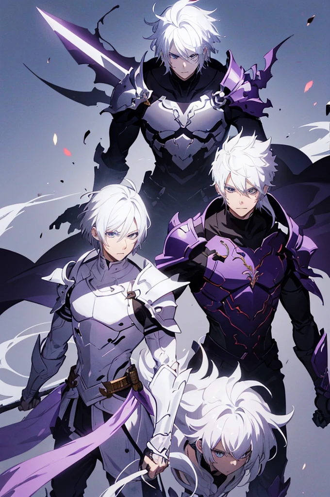 A 25 years old anime man with white hair, holding two Daggers, Wearing a dark and purple Armor 