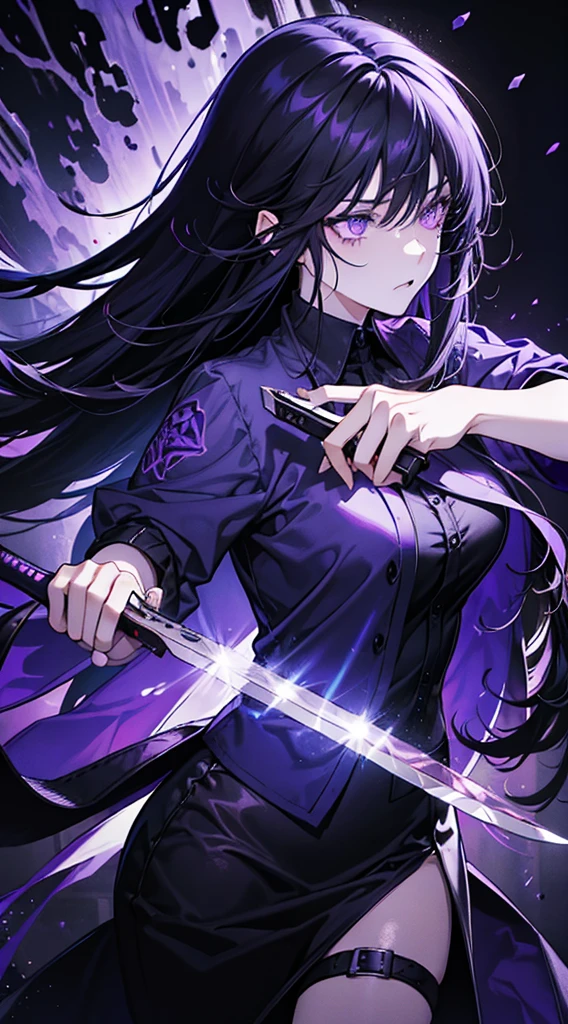 1 girl, long hair, messy hair, black hair, holding a knife, purple eyes, shadow hunter, blood, tattoo on left stomach, purple light particles, purple light rays, wallpaper, tall body, dark purple color, mysterious, strong, cropped shirt