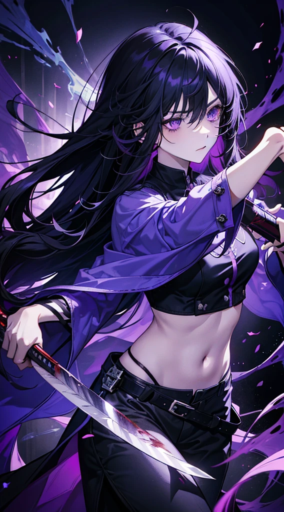 1 girl, long hair, messy hair, black hair, holding a knife, purple eyes, shadow hunter, blood, tattoo on left stomach, purple light particles, purple light rays, wallpaper, tall body, dark purple color, mysterious, strong, cropped shirt