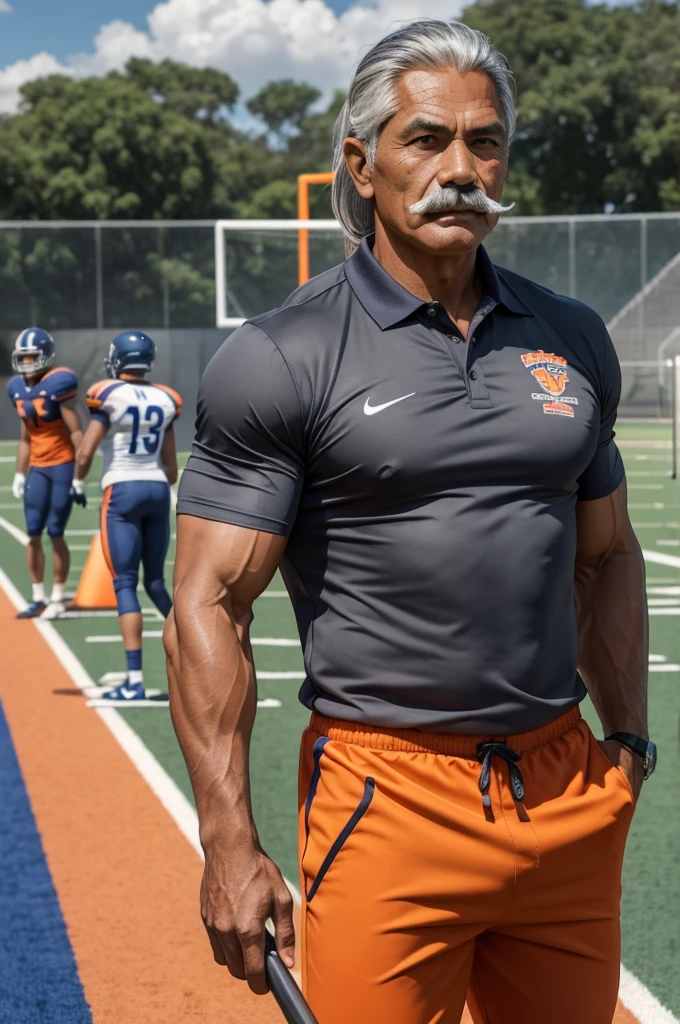 man from samoa, 60 years old, very muscular body, long gray hair, football coach, thin moustache, at a football field, wearing orange polo shirt and orange pants
