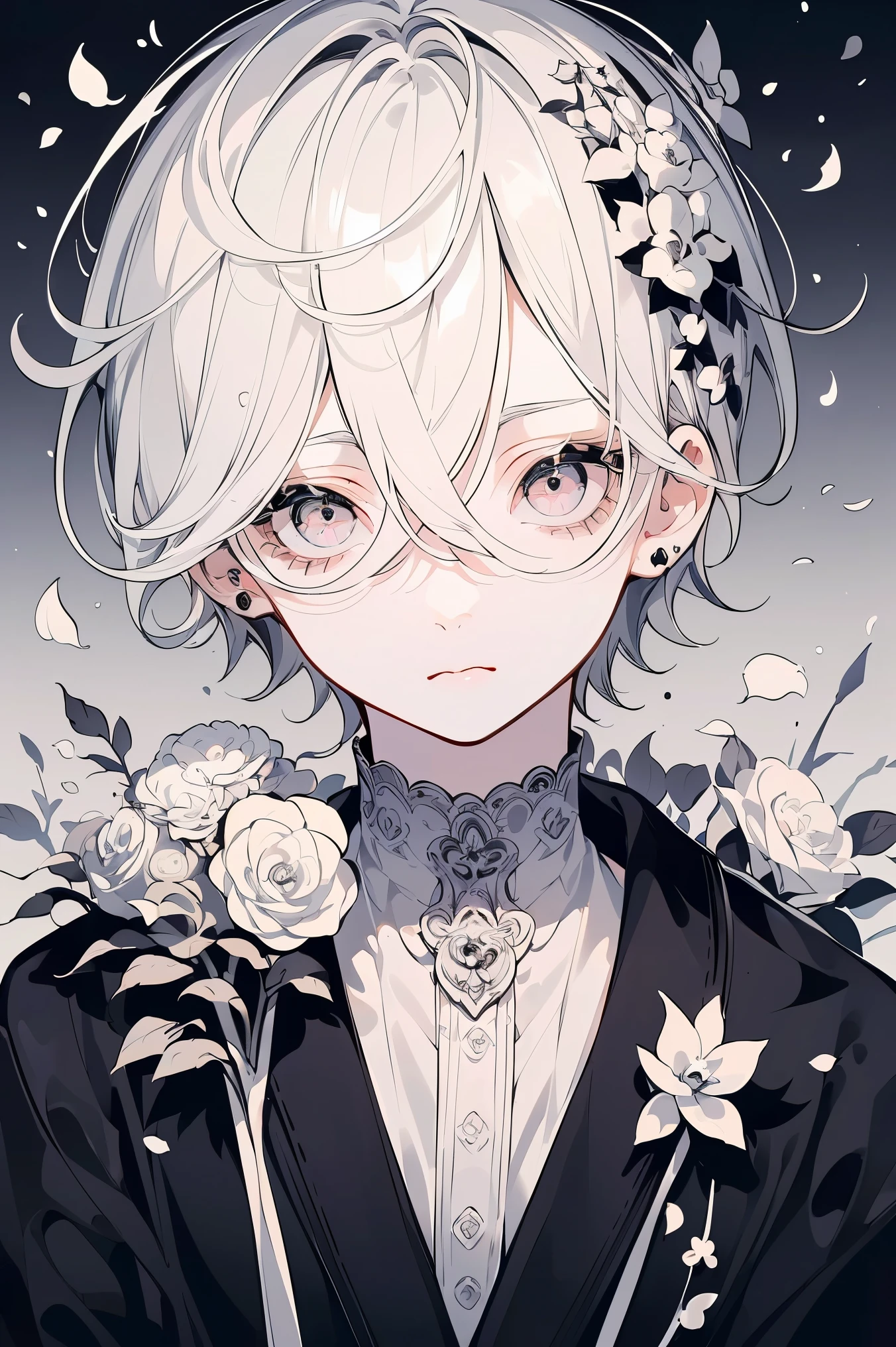 (Mastepiece), (Best Quality), Very detailed, 1 boy, Solo Shooting, Perfect Face, Beautiful Face, Very detailedな顔,(Gray Hair:1.3),(short hair:1.4)、(Big eyes:1.4),(Long eyelashes:1.4)、(Black and white eyes:1.3)、Lots of flowers、petal、Only black and white