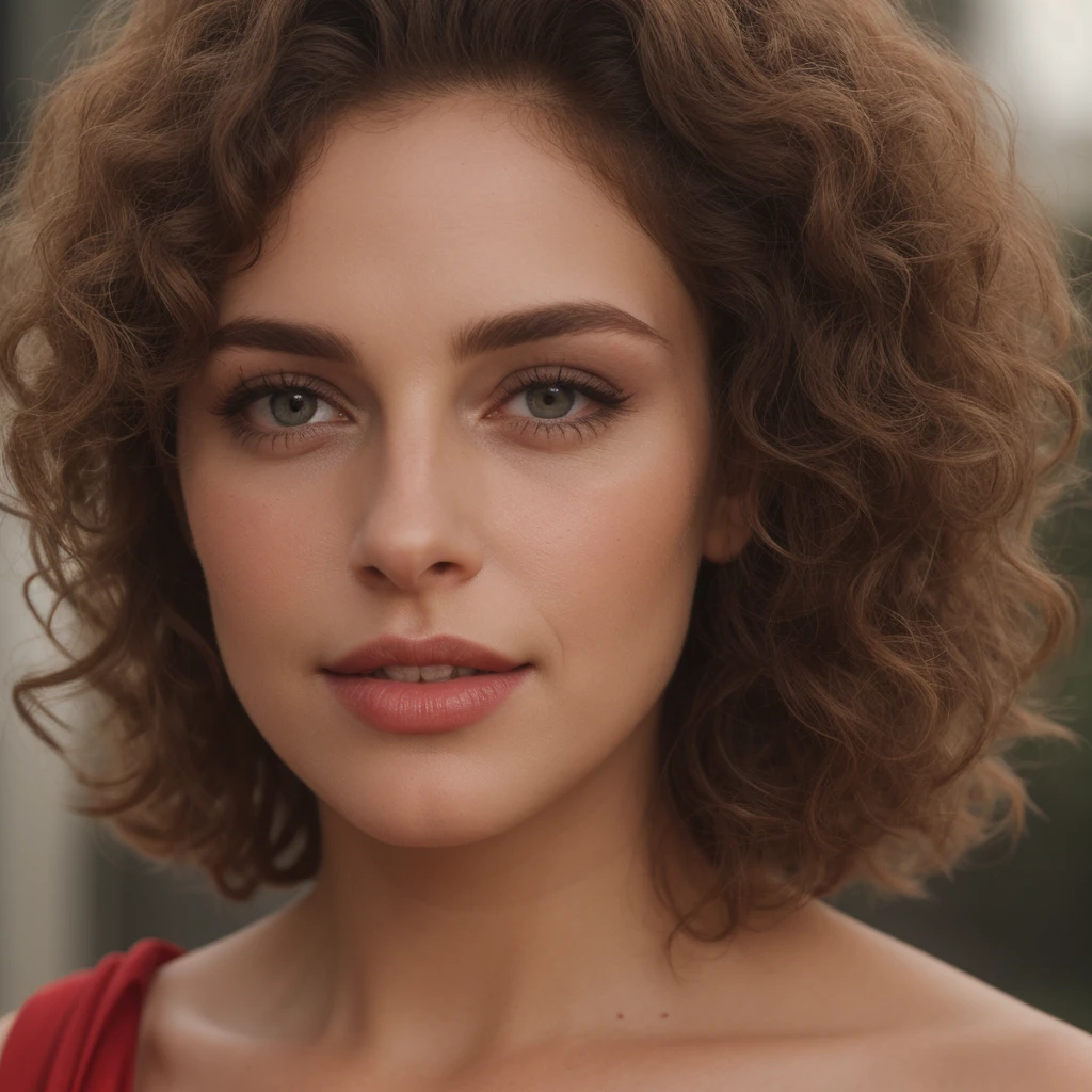 medium close up shot, black skin tone, curly blach hairs, looking at the camera, facing at the camera, (long elegant red dress), no teeth visible