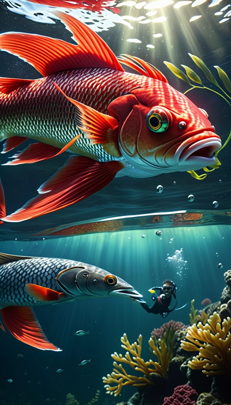 A red fish with a human face swimming in the water，Mysterious Creatures, shrike, (best quality，4K，8K，High level，masterpiece：1.2），Ultra Detailed，（lifelike，Photo real，Photo real：1.37），Highly detailed animals，Complex patterns，Realistic lighting，Fantasy Creatures