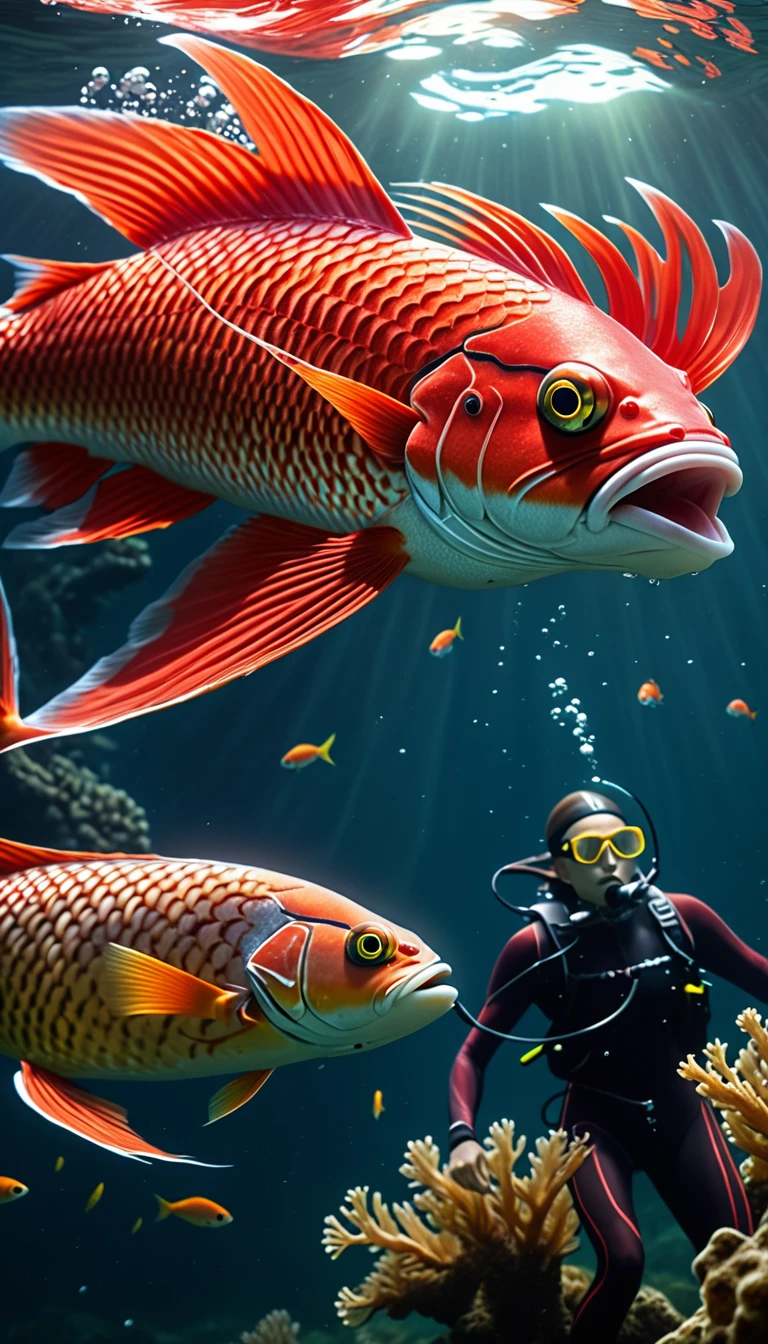 A red fish with a human face swimming in the water,Mysterious Creatures, shrike, (best quality,4K,8K,High level,masterpiece:1.2),Ultra Detailed,(lifelike,Photo real,Photo real:1.37),Highly detailed animals,Complex patterns,Realistic lighting,Fantasy Creatures
