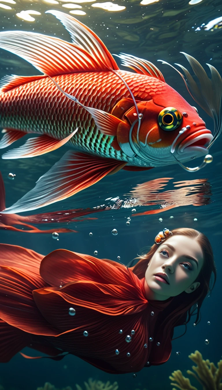 A red fish with a human face swimming in the water，Mysterious Creatures, shrike, (best quality，4K，8K，High level，masterpiece：1.2），Ultra Detailed，（lifelike，Photo real，Photo real：1.37），Highly detailed animals，Complex patterns，Realistic lighting，Fantasy Creatures