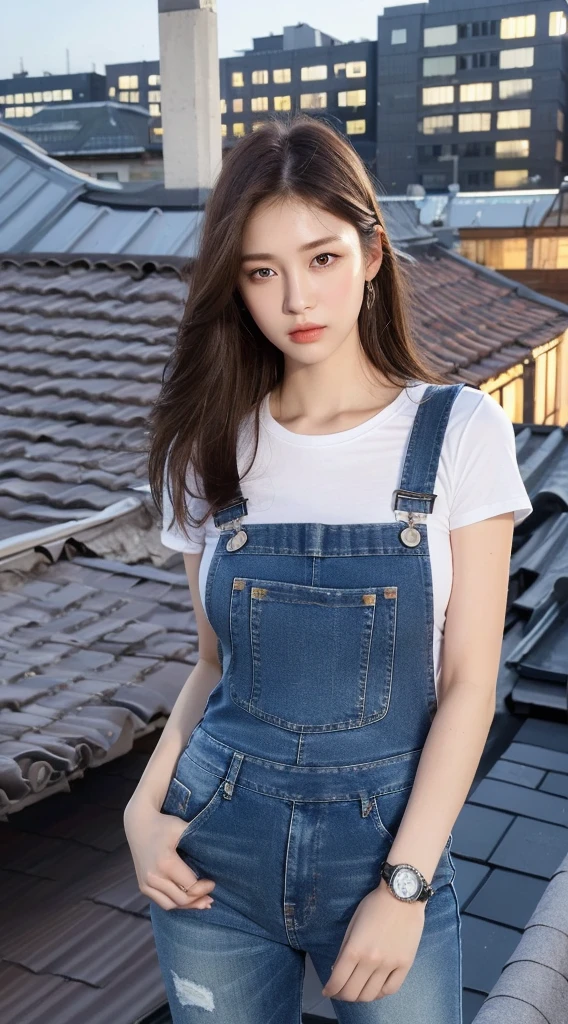((midnight, best quality, 8K, masterpiece :1.3)), whole body, Long legs, Clear focus :1.2, Beautiful woman with perfect body :1.4, Slim abdominal muscles :1.1, ((Dark brown hair, 巨Large Breasts :1.2)), (White open-chested tight T-shirt, Overalls Jeans, permanent:1.2), ((City night scene, roof:1.3)), Highly detailed face and skin textures, Delicate eyes, Double eyelids,Large Breasts,Watch exposed breasts,。