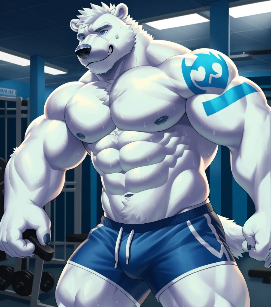 solo, anthro (Polar Bear, arctic bear), full ears, white fur skin, detailed blue eyes,gym: 1.6, sweat, heavy breathing: 1.5, correct anatomy, biceps, (muscular) thin, tattoo, veins all over the body, blue MMA shorts (Shirtless and topless: 1.2), gym background and cardio motivation, 8k hd, dark shadows