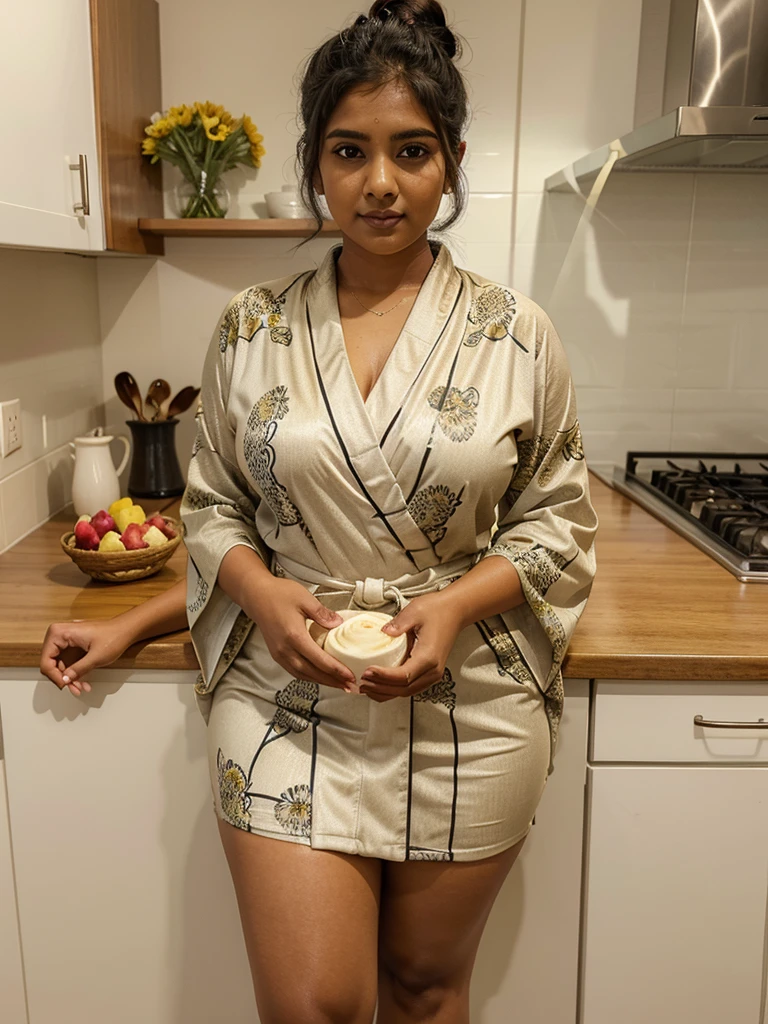 Sri lankan girl 23 years old curvy body sexy figure fat body hairbun wearing flower pattern tight kimono at kitchen