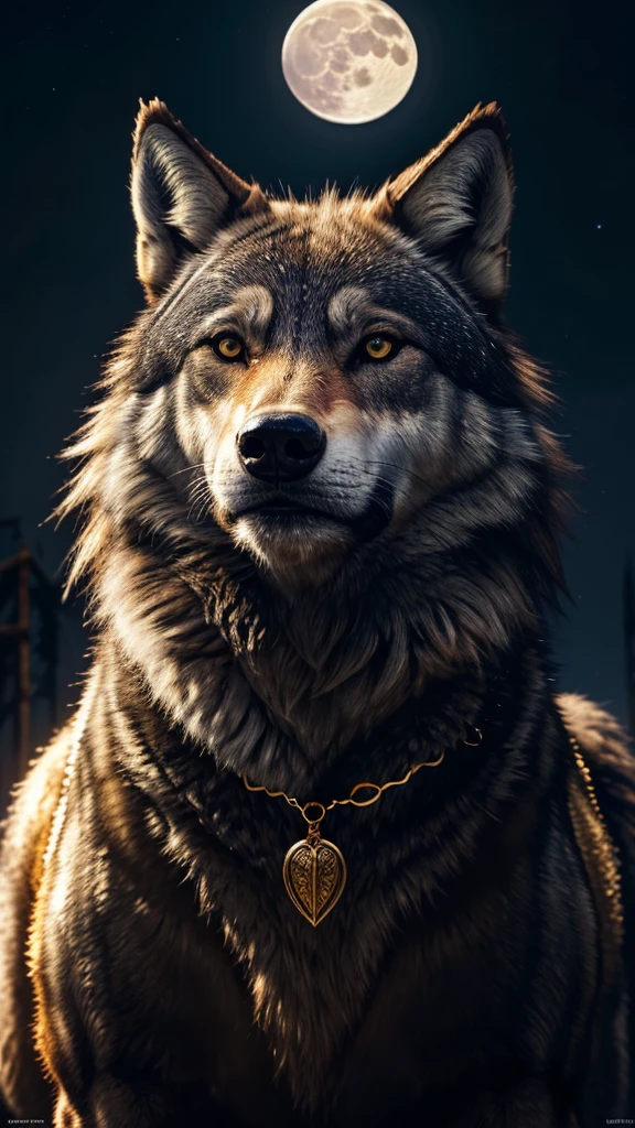 a wolf, hauling, face upward, full moon night, moon behind his face, moon glowing, gold color eyes, detailed fur, detailed face, highly detailed, cinematic lighting, fantasy, dramatic, hyper realistic, 8k, extremely detailed, photorealistic, masterpiece